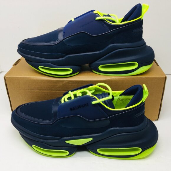 Balmain B Bold Low Top Suede/Leather Sneaker Bleu Marine/Fluorescent Yellow 12 M